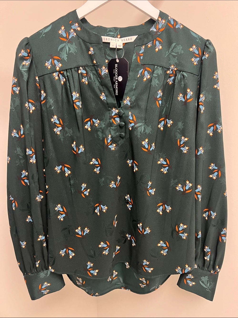 Veronica Beard Dark Green Floral Satin Blouse
